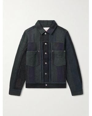 Kardo Marvin Distressed Patchworked Kantha Cotton Trucker Jacket - Blue