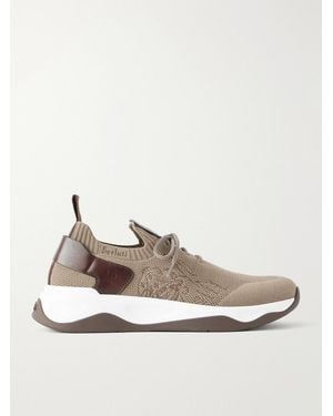 Berluti Shadow Leather-Trimmed Stretch-Knit Trainers - White