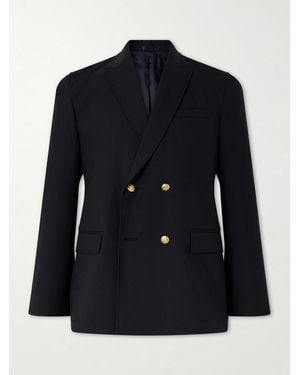 Beams Plus Double-Breasted Grain De Poudre Wool Blazer - Blue