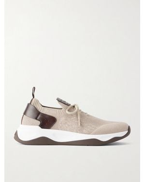 Berluti Shadow Leather-Trimmed Stretch-Knit Sneakers - Weiß