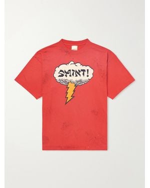SAINT Mxxxxxx Distressed Logo-Print Cotton-Jersey T-Shirt - Red