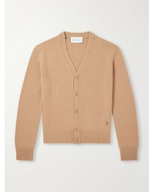 Ami Paris Logo-Embroidered Cashmere And Wool-Blend Cardigan - Natural