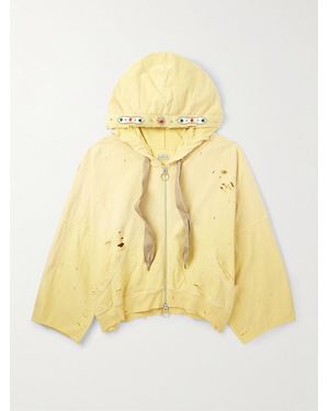 Kapital Embelished Distressed Cotton-Jersey Zip-Up Hoodie - Yellow
