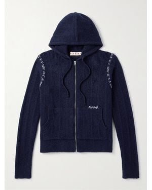 Marni Embroidered Ribbed Wool And Cashmere-Blend Zip-Up Hoodie - Blue