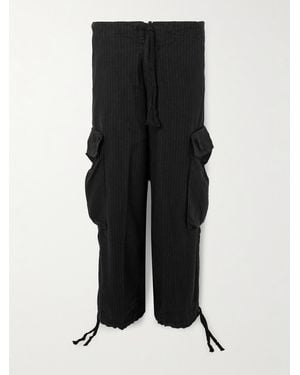 Greg Lauren Wide-Leg Pinstriped Cotton-Blend Drawstring Trousers - Black