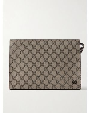 Gucci Leather-trimmed Monogrammed Coated-canvas Pouch - Grey