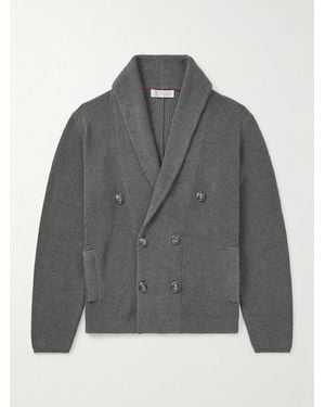 Brunello Cucinelli Shawl-Collar Double-Breasted Ribbed Cotton Cardigan - Grey