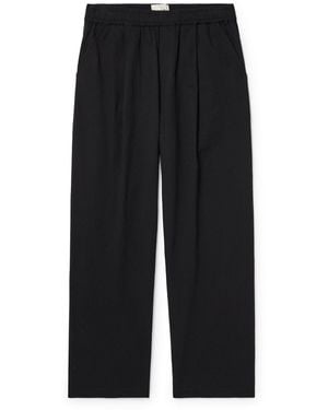 Folk Anniversary Wide-Leg Pleated Cotton-Seersucker Drawstring Pants - Black