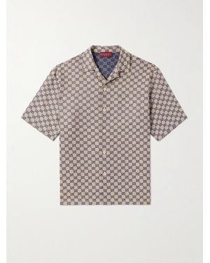 Gucci Camp-Collar Logo-Jacquard Linen-Blend Shirt - Grey