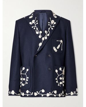Bode Snowdrop Double-Breasted Appliquéd Wool-Blend Suit Jacket - Blue