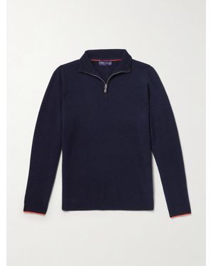 N.Peal Cashmere Stanley Tucci Leather-Trimmed Cashmere Half-Zip Jumper - Blue