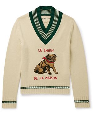 Valentino Garavani Embroidered Striped Jacquard-Knit Virgin Wool Sweater - Green