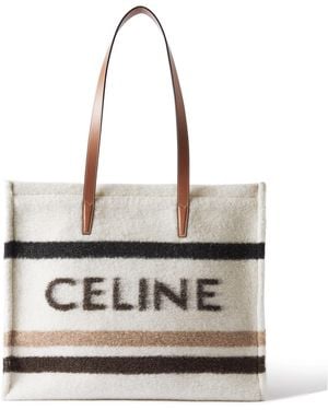 Celine Cabas Large Leather-Trimmed Striped Logo-Print Brushed-Knit Tote Bag - White