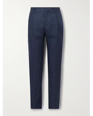 Sunspel Tapered Pleated Linen Suit Trousers - Blue