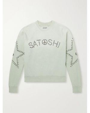 Satoshi Nakamoto Distressed Studded Cotton-Jersey Sweatshirt - Verde