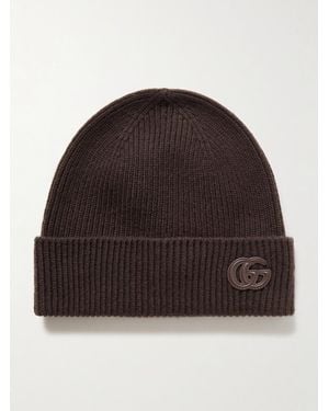 Gucci Leather-Trimmed Ribbed Cashmere Beanie - Brown
