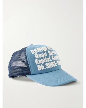 Kapital Denim Repair Service Fleece-Trimmed Printed Scuba Trucker Cap - Blue