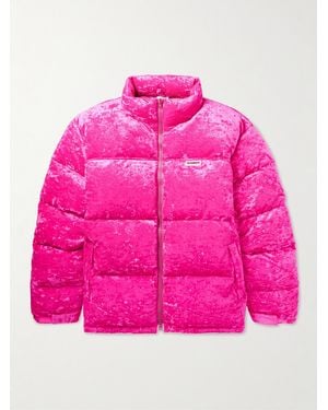 Vetements Oversized Logo-Appliquéd Quilted Crushed-Velvet Down Jacket - Pink