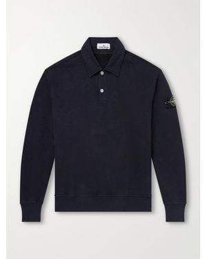 Stone Island Garment-Dyed Tubular Cotton-Fleece Polo Sweater - Blue