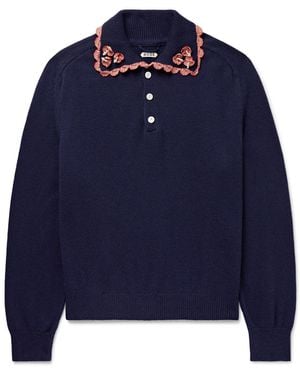 Bode Rookie Appliquéd Embellished Wool And Cashmere-Blend Polo Shirt - Blue