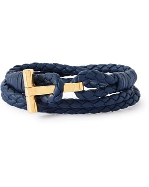 Tom Ford Woven Leather And-Plated Wrap Bracelet - Blue
