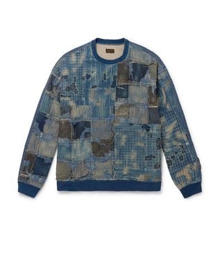Kapital Boro Distressed Patchwork Cotton And Linen-Blend Sweatshirt - Blue