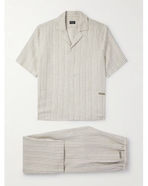 ZEGNA Logo-Embroidered Striped Linen Pyjama Set - White