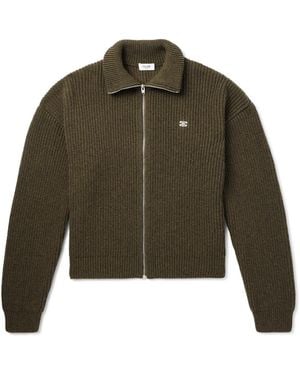 Celine Logo-Embroirdered Ribbed Wool Zip-Up Cardigan - Green