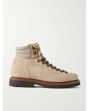 Brunello Cucinelli Flannel And Full-Grain Leather-Trimmed Suede Boots - Natural