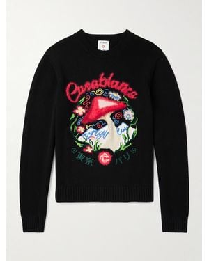 CASABLANCA Mushroom Embroidered Intarsia-knit Cotton-blend Jumper - Black
