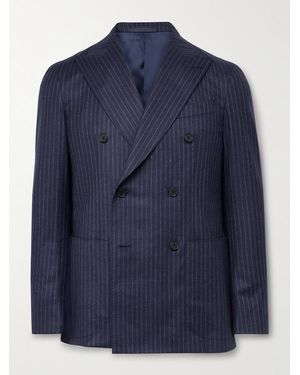 Caruso Double-Breasted Pinstriped Wool Suit Jacket - Blue