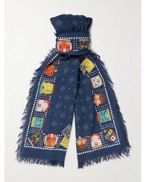 Kapital Frayed Printed Cotton-Blend Gauze Scarf - Blue
