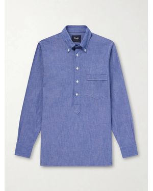 Drake's Button-Down Collar Cotton And Linen-Blend Polo Shirt - Blue