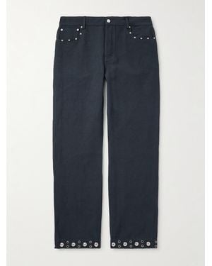 Valentino Garavani Straight-Leg Embellished Linen And Cotton-Blend Trousers - Blue
