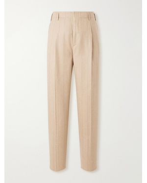 Brunello Cucinelli Striped Pleated Straight-Leg Wool-Silk And Cashmere-Blend Flannel Suit Trousers - Natural