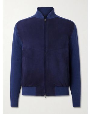 Sease Suede And Ribbed Cotton And Cashmere-blend Bomber Jacket - Blue