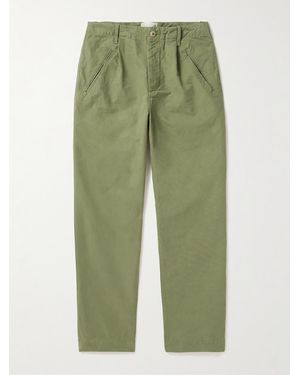 Folk Assembly Straight-Leg Pleated Cotton-Twill Trousers - Green