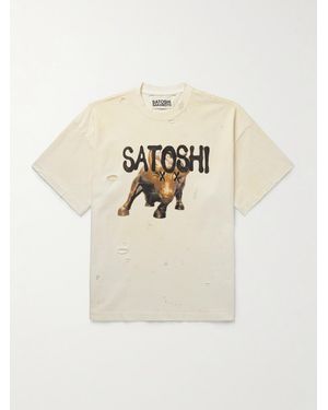 Satoshi Nakamoto Wall Street Distressed Logo-print Cotton-jersey T-shirt - Natural