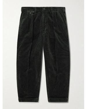 Beams Plus Cropped Pleated Cotton-Corduroy Pants - Black