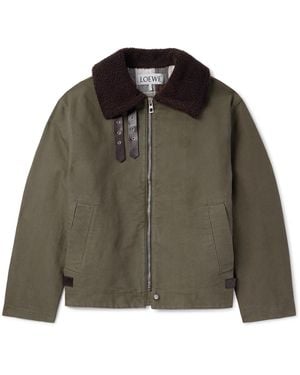 Loewe Shearling And Leather-Trimmed Garment-Dyed Cotton-Twill Jacket - Green