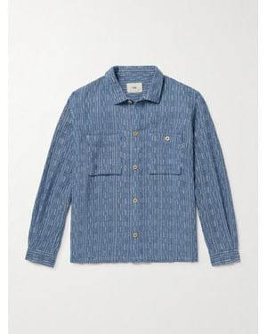 Folk Patch Basketweave Cotton Overshirt - Blue