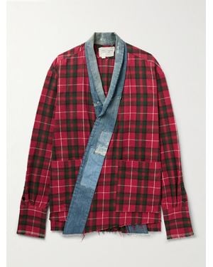 Greg Lauren Shawl-Collar Denim-Trimmed Checked Cotton-Flannel Cardigan - Red