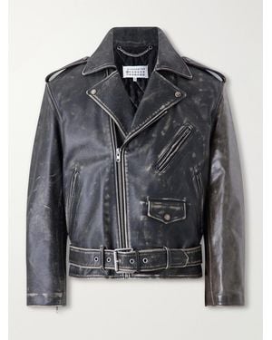 Maison Margiela Belted Distressed Leather Biker Jacket - Black