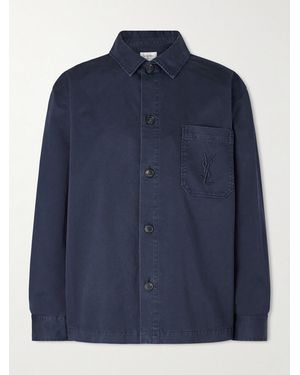Saint Laurent Logo-Embroidered Cotton-Twill Overshirt - Blue