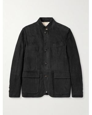 Eleventy Slim-Fit Nehru-Collar Padded Suede Down Jacket - Black