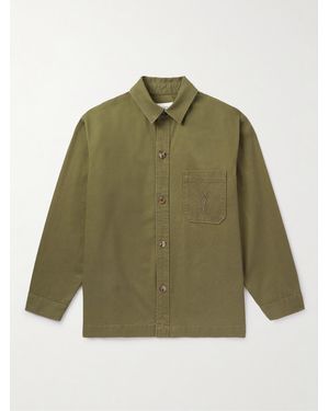 Saint Laurent Logo-embroidered Cotton And Linen-blend Gabardine Overshirt - Green