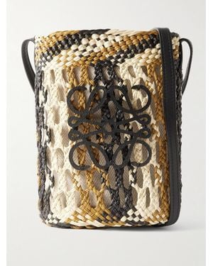 Loewe Paula's Ibiza Beuteltasche aus gestreiftem Raffiabast mit Lederbesatz - Mettallic