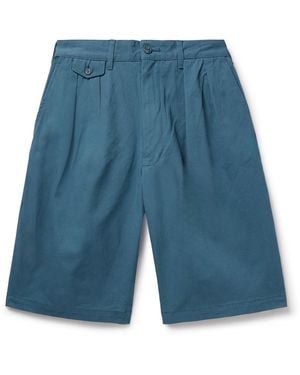 Beams Plus Wide-Leg Pleated Cotton-Twill Shorts - Blue