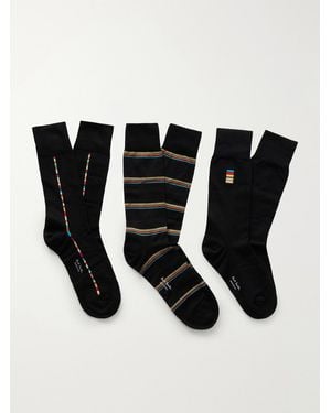 Paul Smith Pack Of Three Striped Cotton-blend Socks - Black