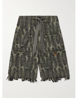 Kapital Magpie Straight-Leg Distressed Cotton-Jacquard Drawstring Shorts - Grey